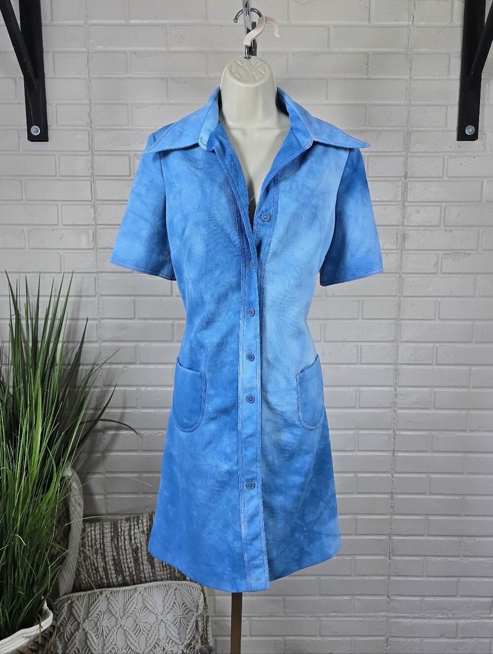 Vintage Herbert Laurence Blue Tir Die Button Front Short Sleeve Dress Size 16